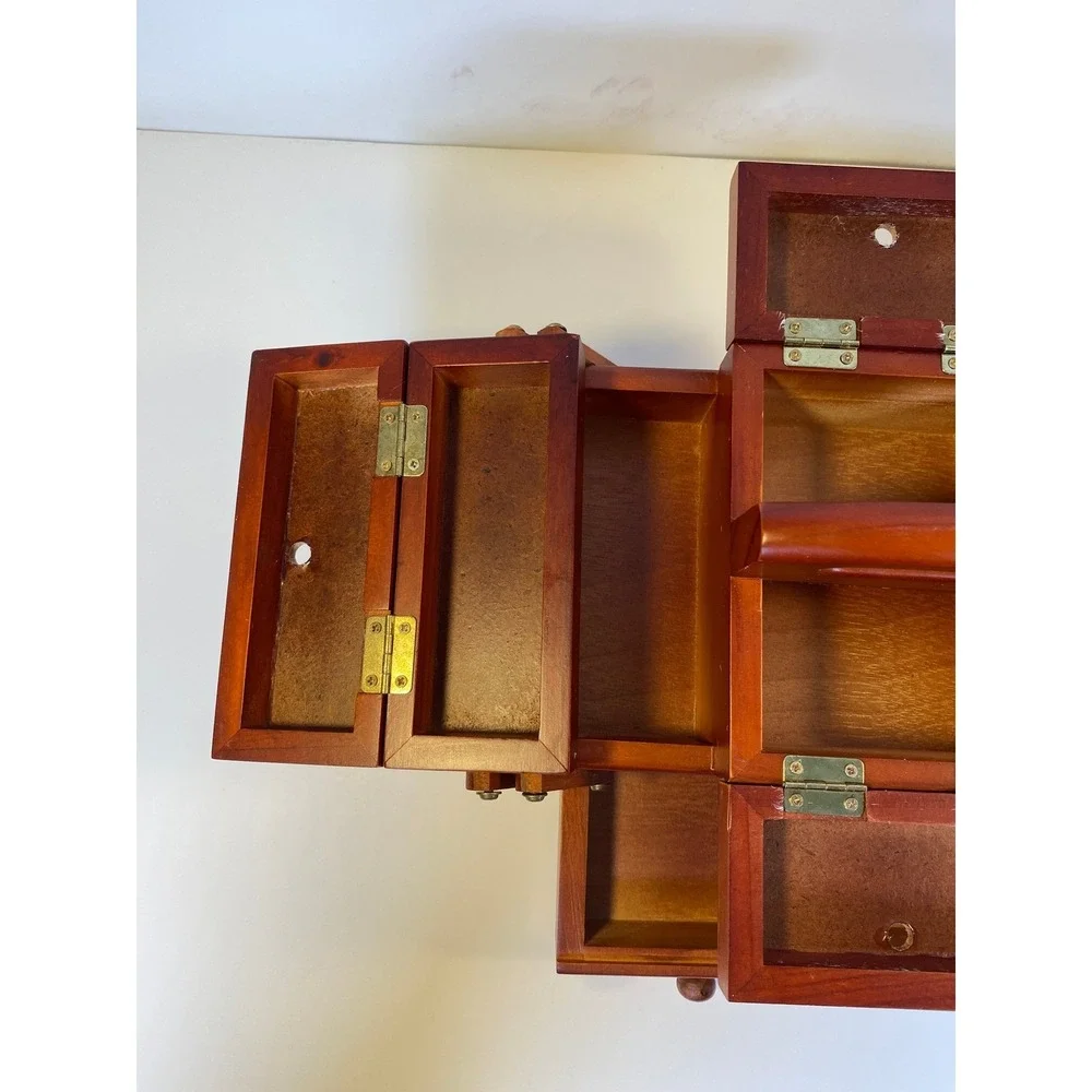 Singer Wooden Accordion Sewing Basket Cantilever Box Cherry Finish Vintage Style